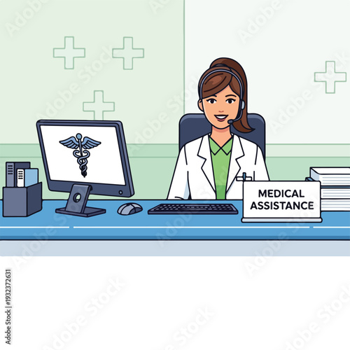 A medical professional offers assistance at a desk with computer and signage