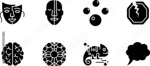 Multiple Personality Day icons, brain, masks, and chameleon