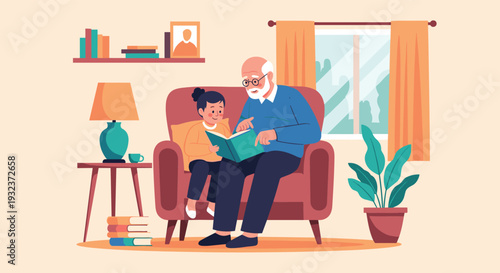 Caring grandfather reading a storybook to his young granddaughter while sitting together in a cozy living room chair.
