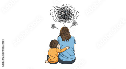 Mother and child sitting together with a large chaotic scribbled thought bubble above the mother representing stress or worry.