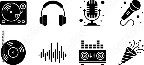 World DJ Day music icons collection with turntable, headphones, microphones, and vinyl