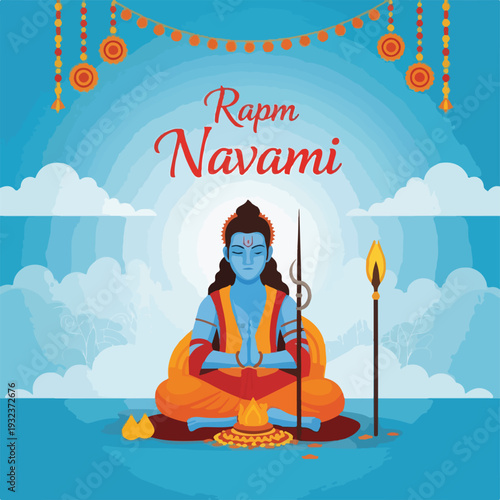 A meditating figure sits before a flame, decorated with garlands and sky