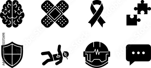 Brain Injury Awareness Month icon set: brain, ribbon, safety