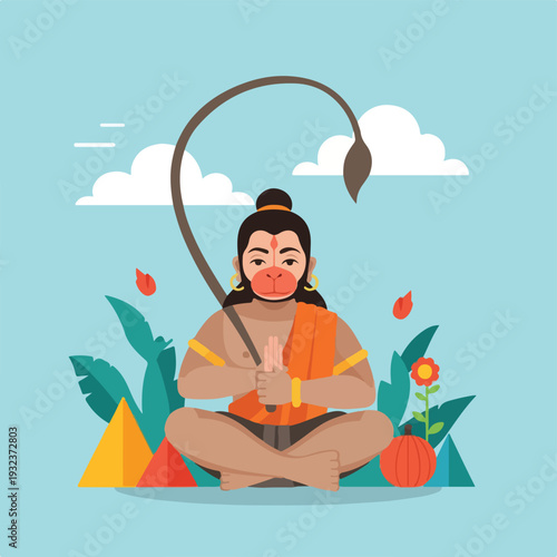 A meditating figure with a monkey-like face, set against a colorful, flat design