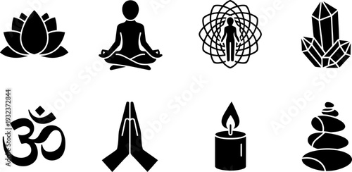 Spiritual Wellness Month black icons set: lotus, meditation, aura, crystals, Om