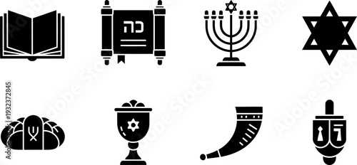 Jewish Book Week icons: Torah, menorah, dreidel, challah, shofar