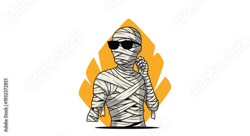 Stylized illustration of an ancient egyptian mummy wearing cool black sunglasses against an orange decorative backdrop.