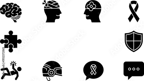 Brain Injury Awareness Month icons in black and white vector style