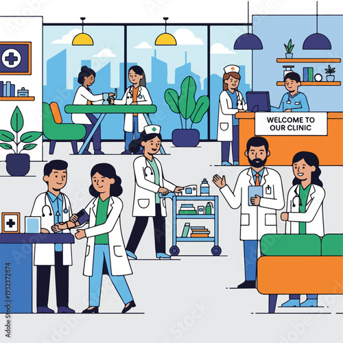 A medical clinic scene with doctors, nurses, and patients