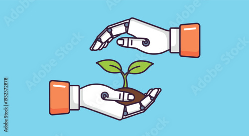 Two high-tech robotic hands gently surrounding and protecting a small green sprout growing from a mound of soil.