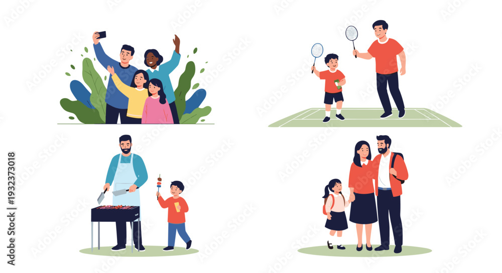 Fototapeta premium Diverse family scenes showing parents and children taking a selfie together, playing sports, enjoying a barbecue, and walking to school.