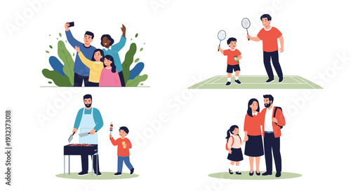 Diverse family scenes showing parents and children taking a selfie together, playing sports, enjoying a barbecue, and walking to school.