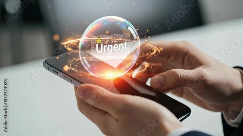 Businessman receiving urgent cybersecurity phishing alert on smartphone screen in office