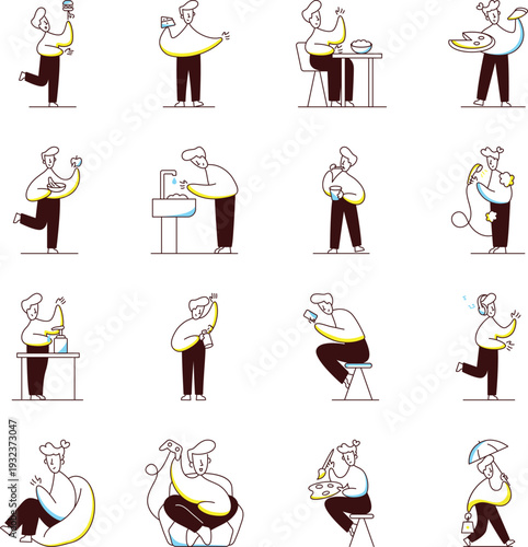 Collection of Daily Routine Doodle Style Illustrations 