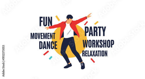 Energetic man dancing on a yellow circular background with words like fun, party, workshop, and relaxation surrounding him in a vibrant style.
