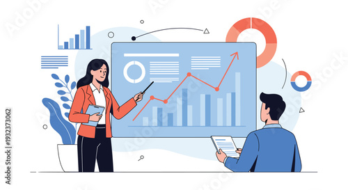 Professional woman using a pointer to explain a business growth chart on a large screen during a presentation to a male colleague.