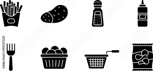 National Chip Week icons: fries, potato, salt, sauce, fork, basket