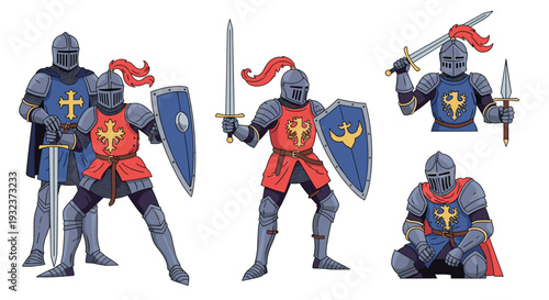 Collection of medieval knights wearing blue and red armor in various poses including standing, kneeling, and holding a sword or shield.