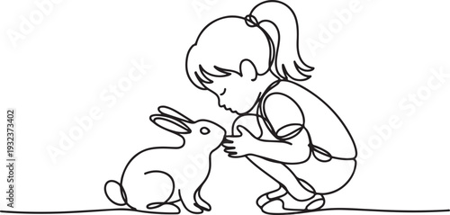 Child smelling flower in continuous line art drawing style. Small girl squatted down to sniff the fragrant flower. Black linear sketch isolated on white background. Vector illustration