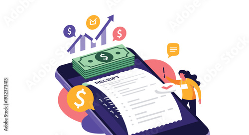 Financial management concept showing a digital receipt on a smartphone screen with stacks of cash, coins, and rising business profit charts.