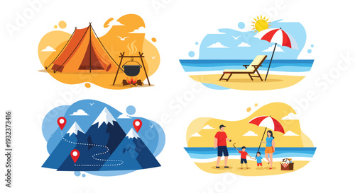 Collection of summer vacation scenes showing camping in nature, a relaxing beach setup, mountain hiking trails, and a family trip to the sea.