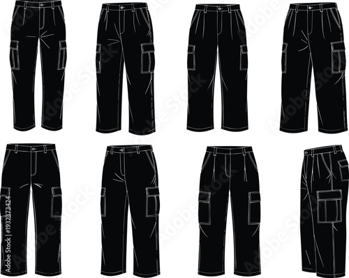 Cargo pants fashion vector illustration, black and white clothing design, multiple pocket styles, seam line details, apparel manufacturing reference artwork