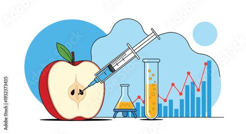 Scientific experiment showing a syringe injecting a liquid into an apple slice with chemical flasks and data charts in the background.
