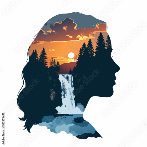 Inner Landscape: A captivating silhouette of a person's profile, interwoven with a serene landscape featuring a majestic waterfall, verdant trees, and a radiant sunset.