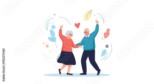 Happy senior man and woman dancing together surrounded by hearts and leaves expressing love and joy during their retirement years.