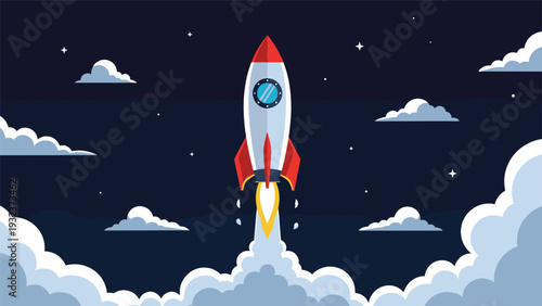 Rocket ship launching into the dark blue space with white smoke and flames against a starry night sky with clouds.