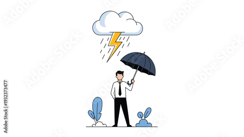 Businessman holding a black umbrella to protect himself from rain and a lightning bolt coming from a dark cloud.
