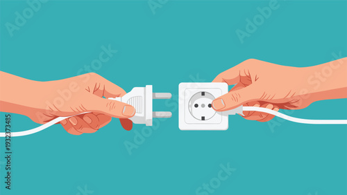 Two human hands about to connect a white electric plug into a power socket on a turquoise blue background.