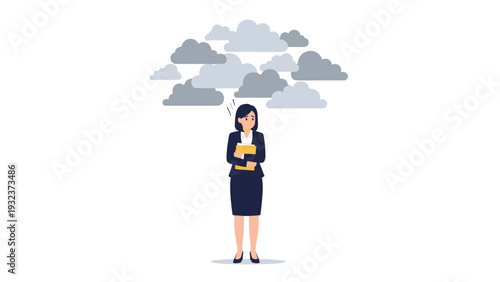 Professional businesswoman holding a file folder and looking worried while standing under a group of dark grey clouds.