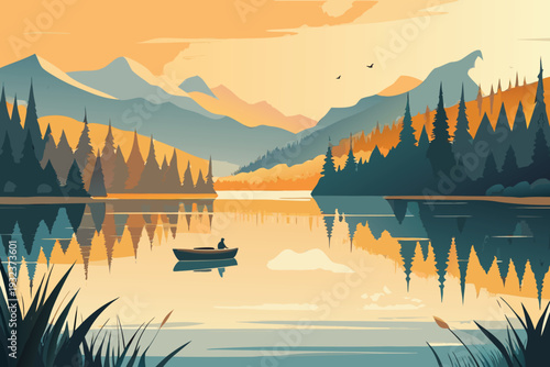 Lone Fisherman in Boat on Calm Lake at Sunset with Mountain Reflection Flat Design Style