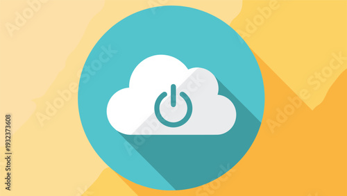 Cloud computing power icon represents a data storage system starting up or shutting down on a vibrant yellow background.