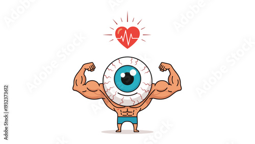 Strong cartoon eye character with muscular arms and six-pack abs flexes under a beating heart icon symbolizing vision health.