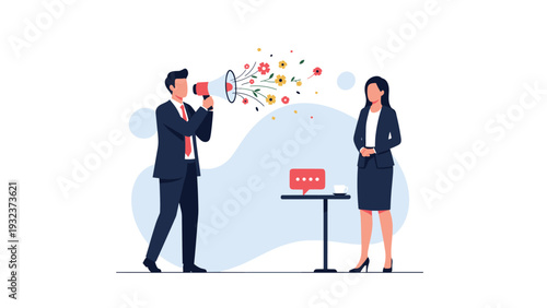 Businessman using a megaphone to speak kind words represented by beautiful flowers to a professional businesswoman colleague.