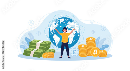 Global wealth and finance concept featuring a person standing with stacks of money, coins, and bitcoin in front of a world map and globe.