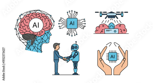 Collection of artificial intelligence icons showing a human brain, microchips, drone technology, robotic handshake, and digital care symbols.