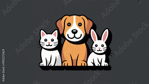 Cartoon dog cat and rabbit illustration friendly animals together simple design dark gray background adorable pets vector graphic