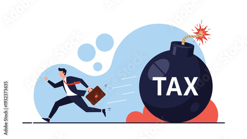 Panicked businessman carrying a briefcase runs away from a giant black tax bomb with a burning fuse and white text label.