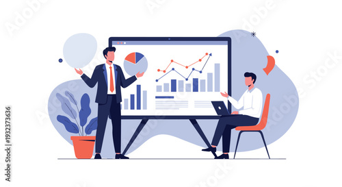 Professional business presentation where one man explains data charts on a screen while his colleague takes notes on a laptop.
