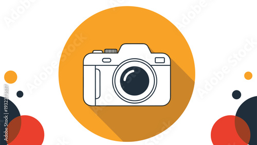 Digital SLR camera icon inside an orange circle with long shadows and decorative floating dots for photography concepts.