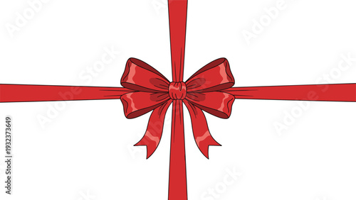 Elegant red silk ribbon tied into a beautiful decorative bow sits in the center of a white gift box wrap for special occasions.