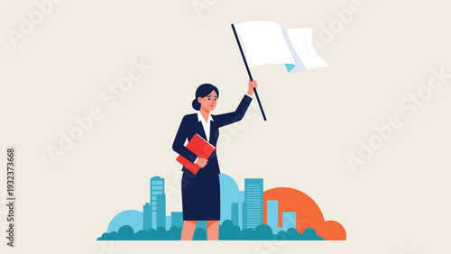 Sad businesswoman in a navy suit stands before a city skyline holding a white flag to signal surrender or business failure.