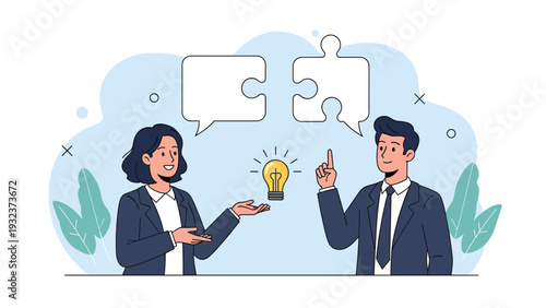 Professional business man and woman collaborate with puzzle piece speech bubbles and a glowing light bulb for creative ideas.