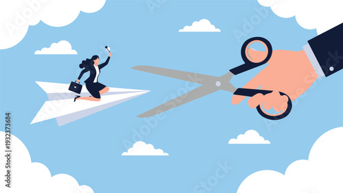 Giant hand with scissors prepares to cut a paper airplane flown by a businesswoman to symbolize budget cuts or halted progress.