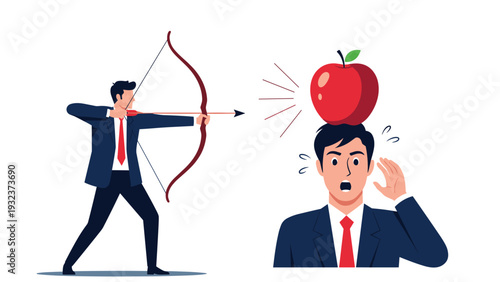 Businessman archer aims an arrow at a red apple placed on top of a nervous colleague's head to demonstrate risk and trust.