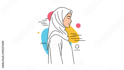 Beautiful young Muslim woman wearing a white hijab shown in profile against a background of colorful abstract geometric shapes.