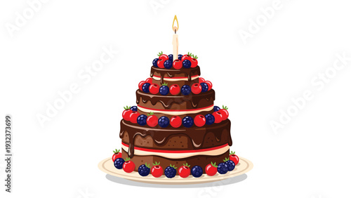 Delicious three-tier chocolate layer cake topped with fresh berries and a single lit candle on a white plate for celebrations.